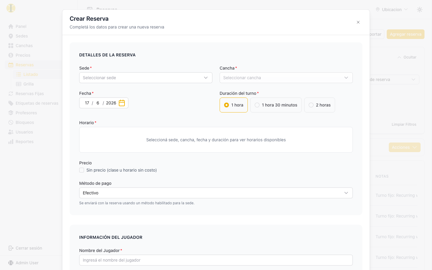 Modal para crear una reserva