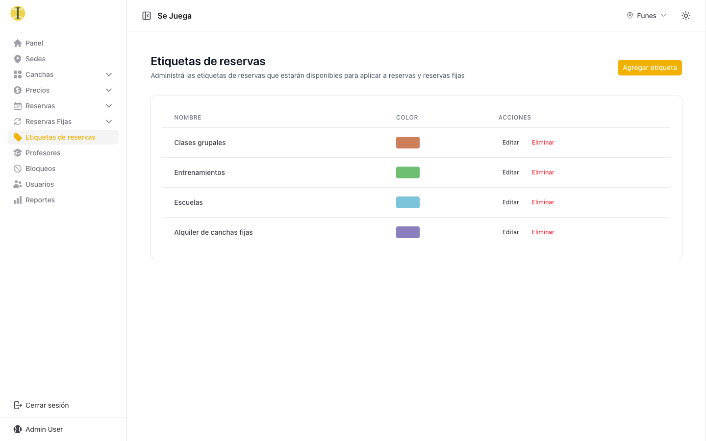 Etiquetas de reservas con sus colores