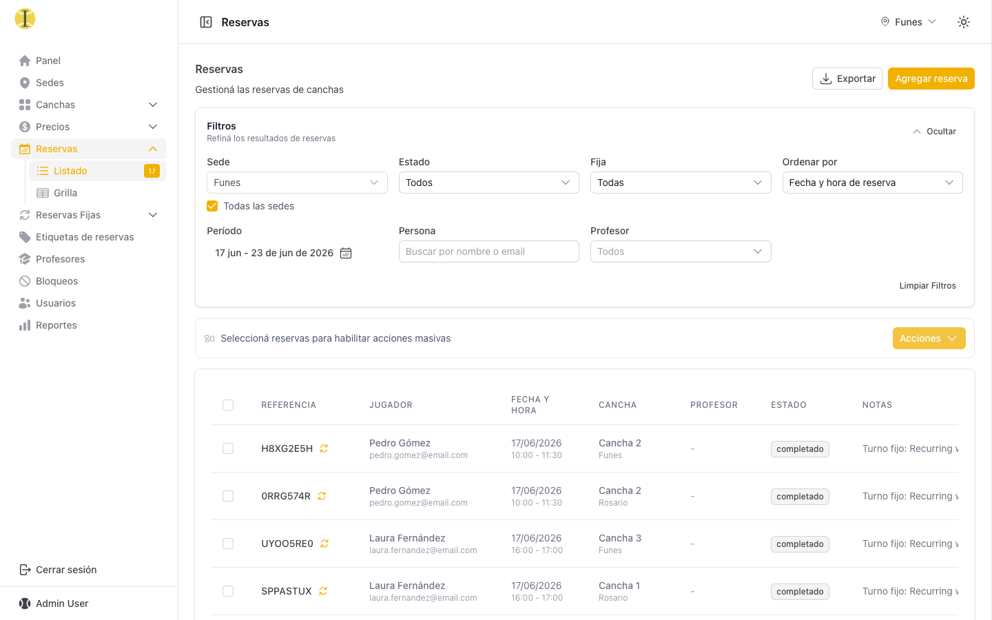 Listado de reservas con filtros